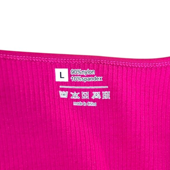 Hot Pink Ribbed Long Sleeve Romper – Square Stretch One-Piece, L - Picture 3 of 3